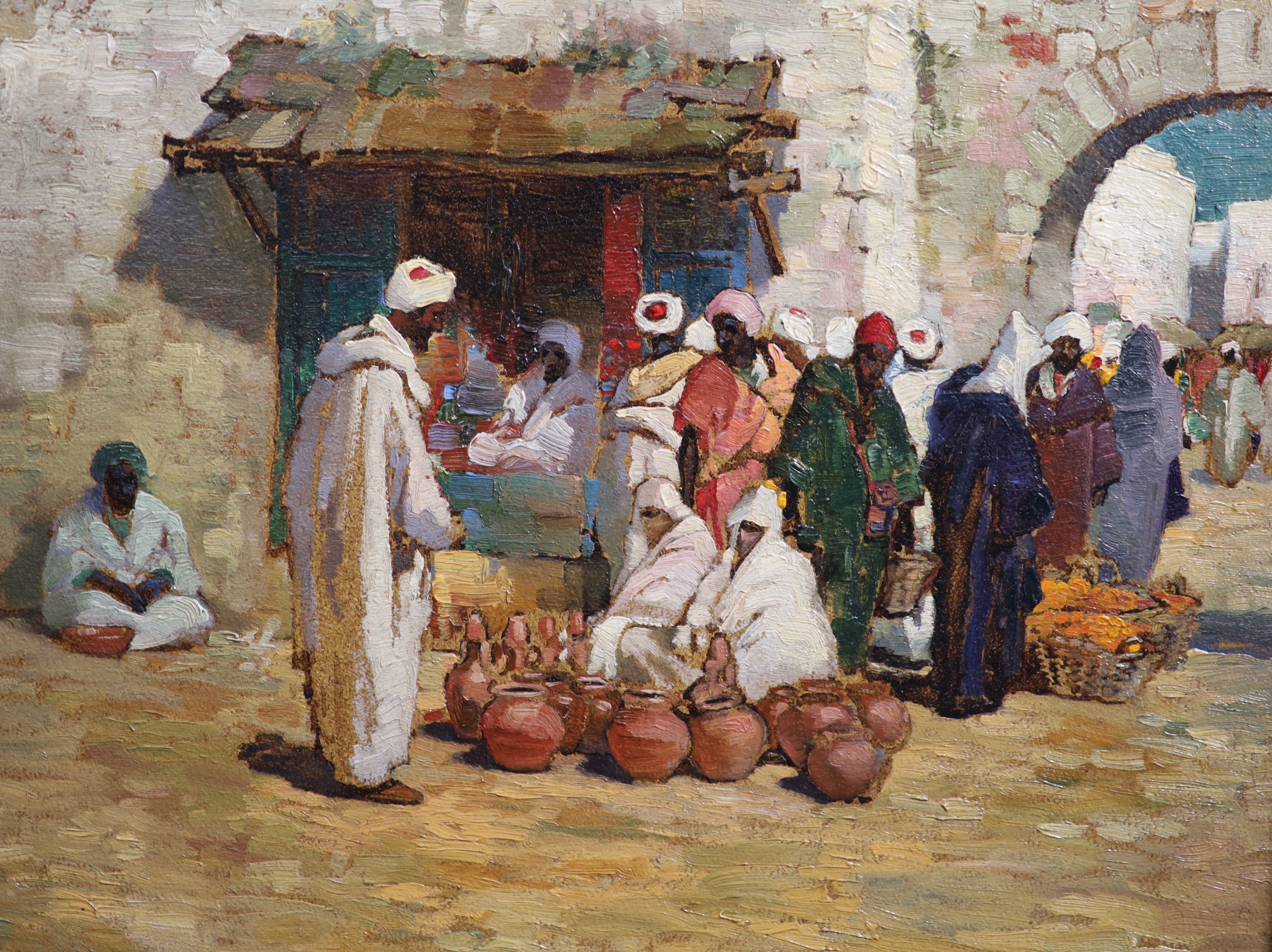 Robert E. Groves (1866-1944), North African market scene, oil on card, 24 x 29cm